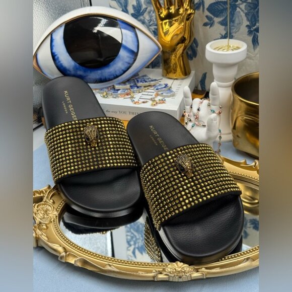 🆕 KURT GEIGER LONDON 🧿 NWOB Meena Eagle Black & Gold Studded Slide, Sz 8.5 - Picture 6 of 12
